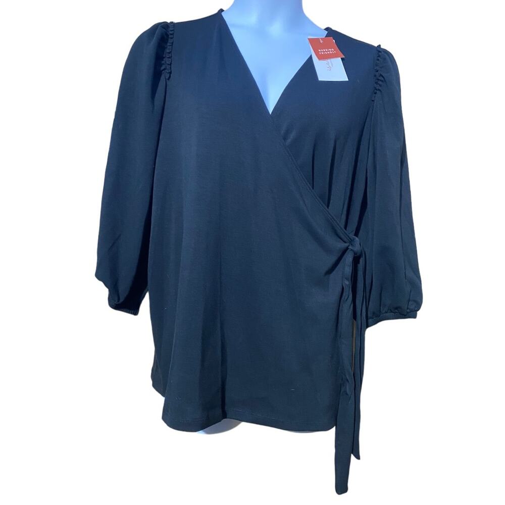 Isabel Maternity Nursing friendly black 3/4 sleeve wrap blouse NWT Large‎
